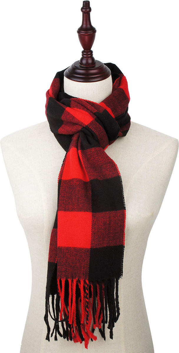 Unisex Cashmere Feel Plaid Scarf – Camel Beige Black Red Stripes, 100% Acrylic