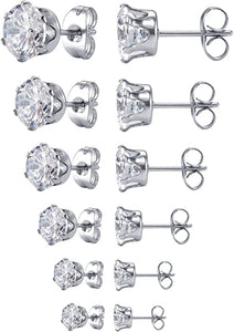 Jewelry Women's Stainless Steel Round Clear Cubic Zirconia Stud Earring (6 Pairs)