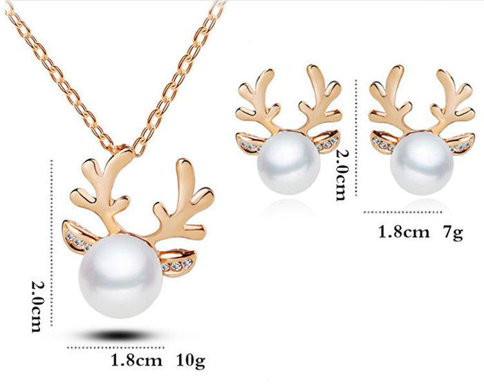 Jewelry Women's Girl's Alloy Steel Round Clear Zirconia Pearl Stud Earring and Necklace for Christmas party