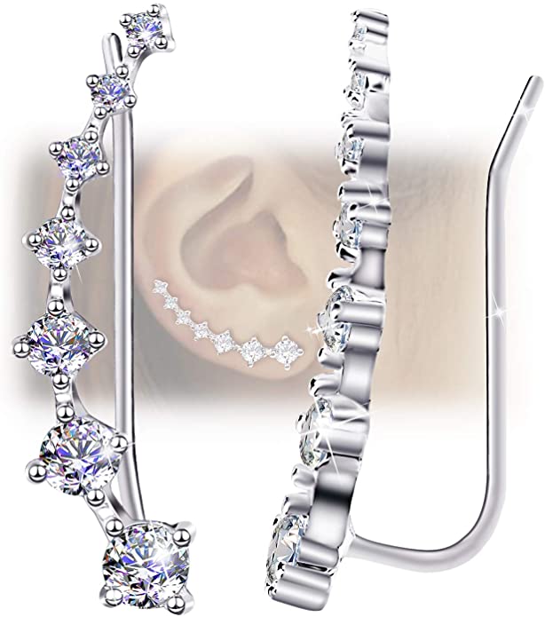 7 Crystals Ear Cuffs Hoop Climber S925 Sterling Silver Hypoallergenic Women Earrings