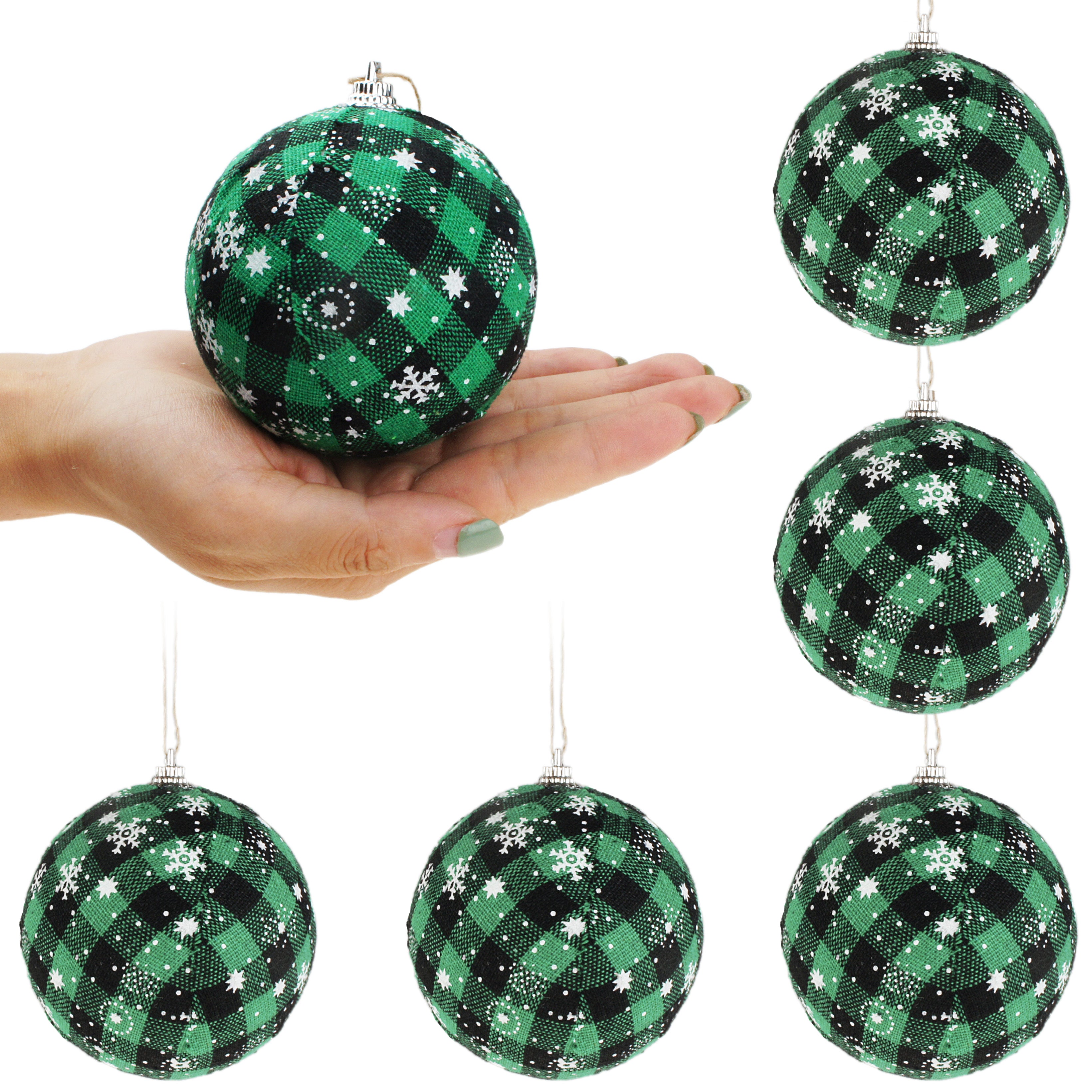 6 pcs Buffalo Plaid Fabric Ball Hanging Ornament Set Decorative Ball for Christmas Tree Party 3-1/4 Inches