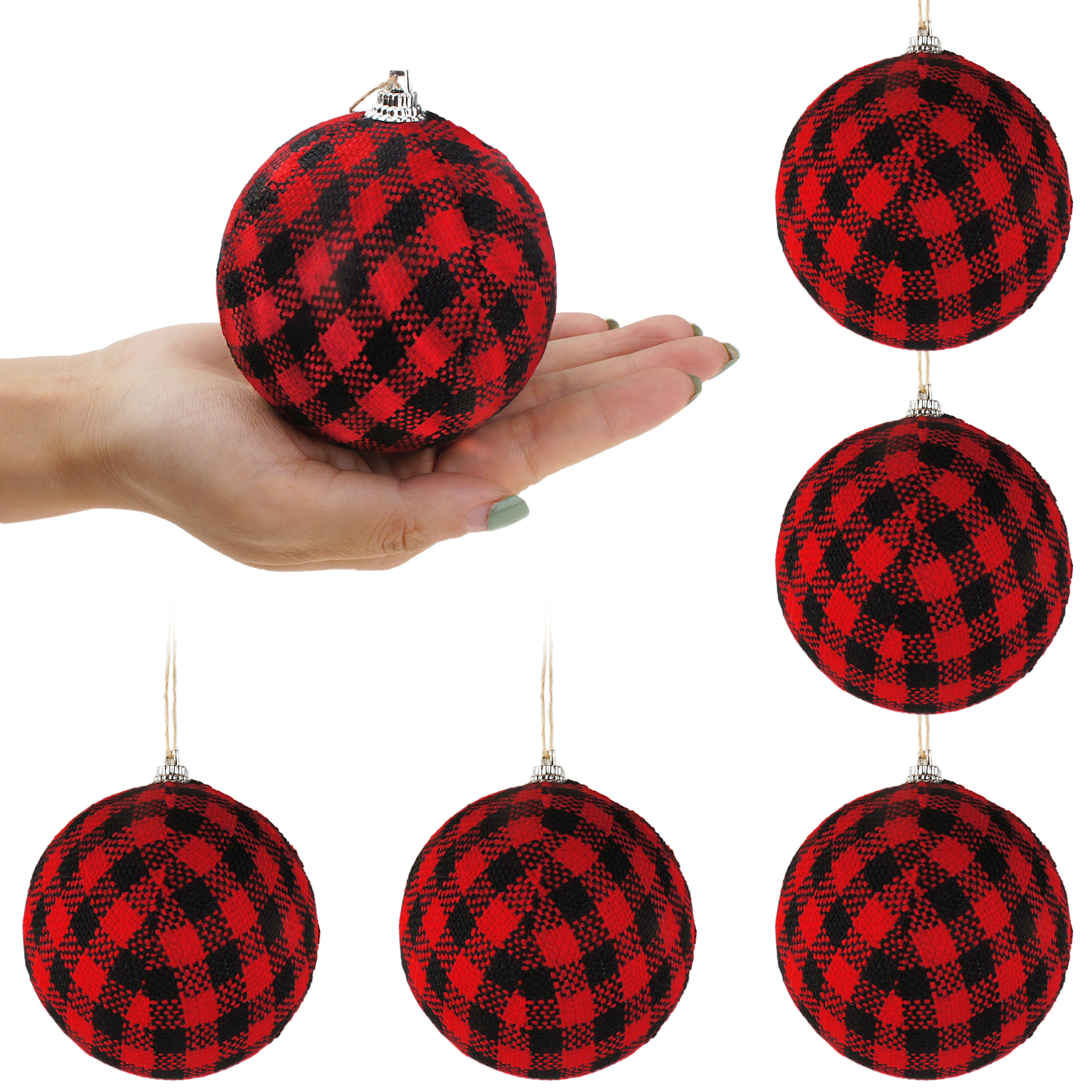 6 pcs Buffalo Plaid Fabric Ball Hanging Ornament Set Decorative Ball for Christmas Tree Party 3-1/4 Inches