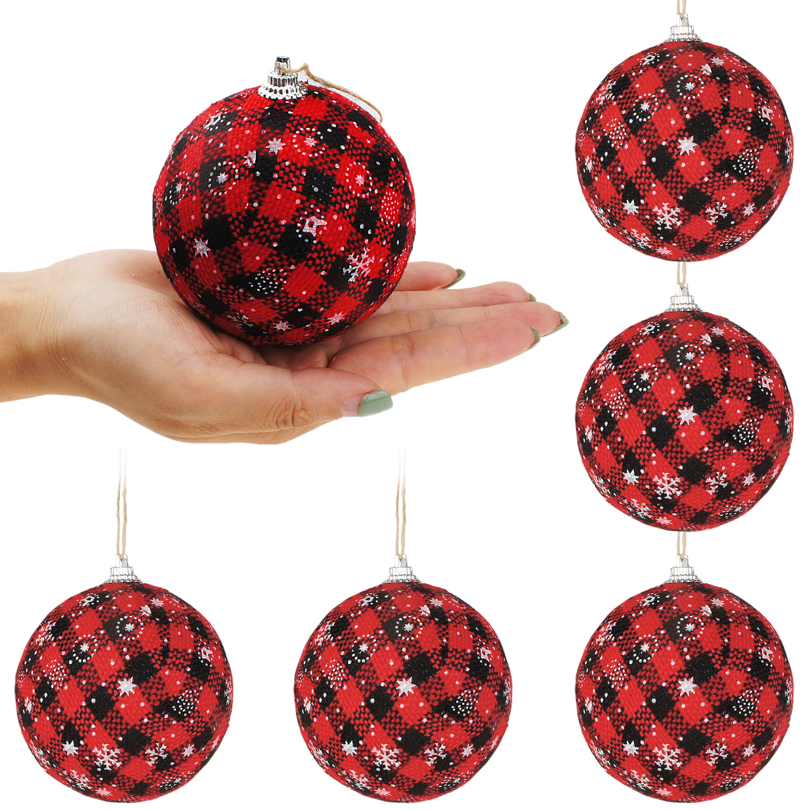 6 pcs Buffalo Plaid Fabric Ball Hanging Ornament Set Decorative Ball f