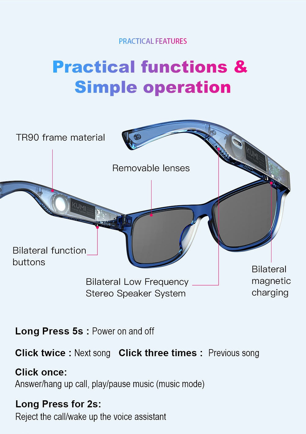 Waterproof Bluetooth Music Smart Glasses Polarized Sunglasses